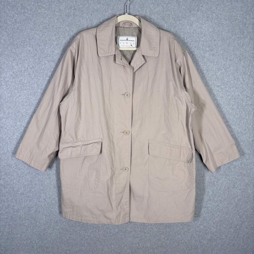VTG Towne London Fog Trench Coat Women Sz 10 Khaki Cream Barn Chore Quiet Luxury